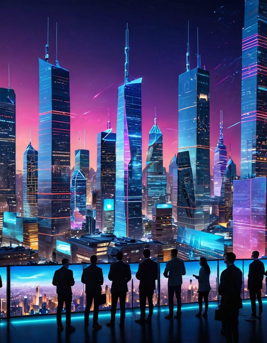A futuristic city skyline at dusk, showcasing sleek telecommunications towers and vibrant network lines connecting various buildings. In the foreground, a diverse group of people gazes at holographic displays of high-speed internet statistics and satellite communications. The atmosphere is energetic with glowing neon accents reflecting innovation and technology. super-realistic. vibrant colors. 3D.