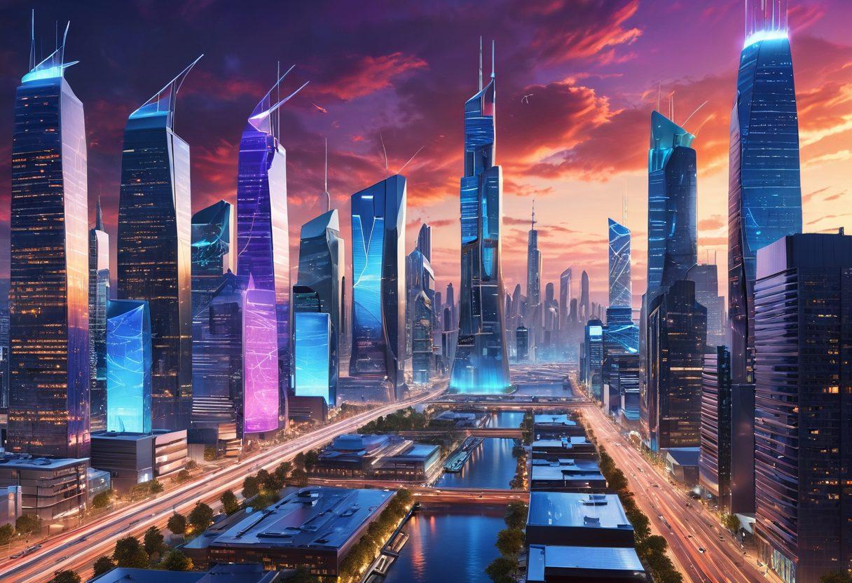 A futuristic city skyline showcasing advanced network technology, with glowing broadband towers and smart devices seamlessly integrated into everyday life. Add diverse people engaging with technology, reflecting innovation and connectivity. Incorporate vibrant colors and dynamic lighting to emphasize progress and energy in the scene. super-realistic. vibrant colors. 3D.