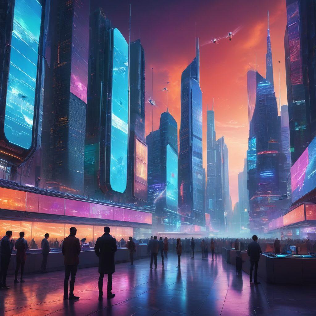 A futuristic city skyline with advanced communication technology like satellites and drones connecting skyscrapers, showcasing vibrant digital screens displaying data and messages. In the foreground, a diverse group of people using various devices, highlighting the impact of technology on communication. The atmosphere is vibrant and dynamic, evoking a sense of innovation and progress. cyberpunk. vivid colors. super-realistic.
